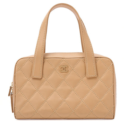 CHANEL Coco Mark Wild Stitch Handbag Calf Leather Beige Gold-Tone Hardware, Pre-Owned