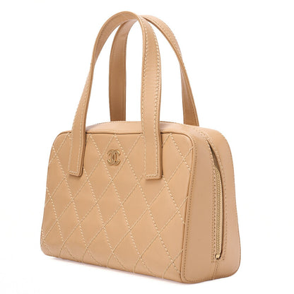 CHANEL Coco Mark Wild Stitch Handbag Calf Leather Beige Gold-Tone Hardware, Pre-Owned