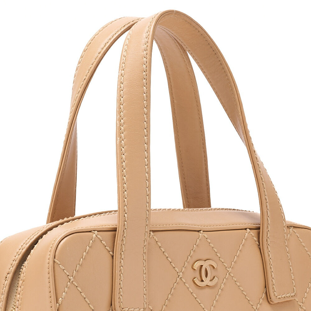 CHANEL Coco Mark Wild Stitch Handbag Calf Leather Beige Gold-Tone Hardware, Pre-Owned