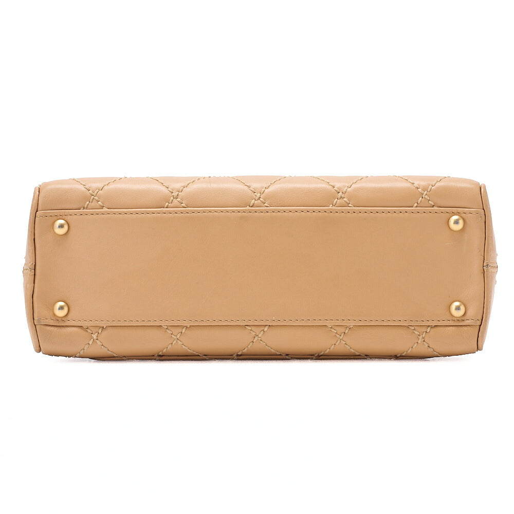 CHANEL Coco Mark Wild Stitch Handbag Calf Leather Beige Gold-Tone Hardware, Pre-Owned
