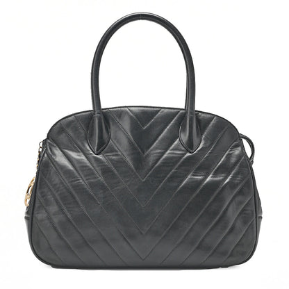 CHANEL Lambskin V-Stitch with Circle Charm Handbag Black Gold-Tone Hardware, Pre-Owned