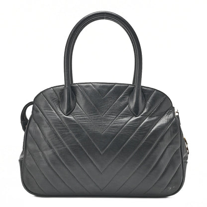 CHANEL Lambskin V-Stitch with Circle Charm Handbag Black Gold-Tone Hardware, Pre-Owned