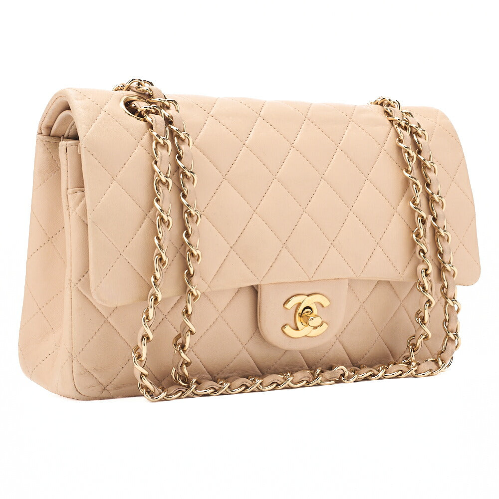 CHANEL Lambskin Matelasse Double Flap 25cm Chain Shoulder Beige Gold-Tone Hardware, Pre-Owned