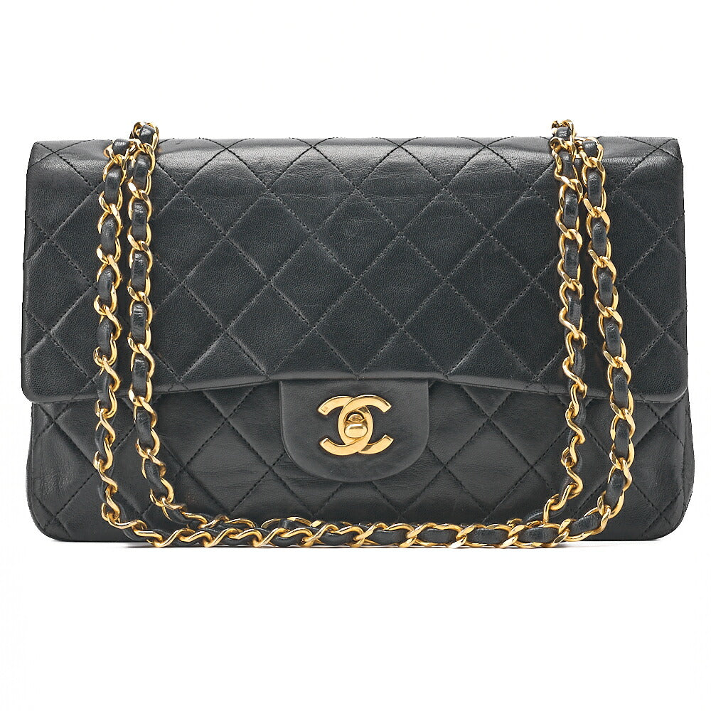 CHANEL Lambskin Matelasse 25cm Double Flap Chain Shoulder Black Gold-Tone Hardware, Pre-Owned