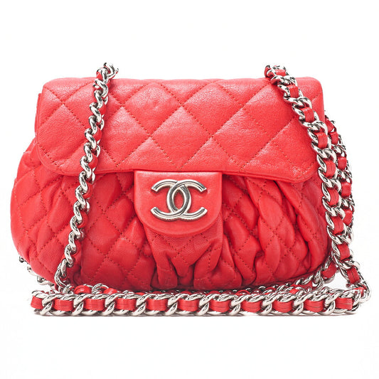 CHANEL チェーンショルダー チェーンアラウンド ラムスキン レッド シルバー金具 中古品