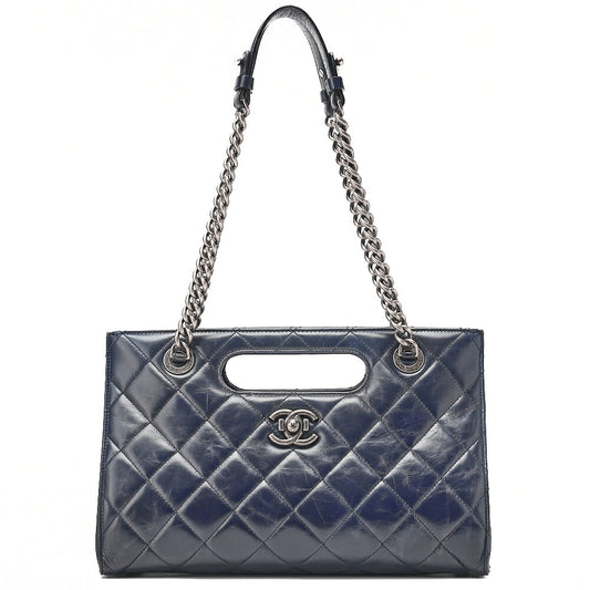 シャネル マトラッセ ヴィンテージカーフ 2WAY チェーンショルダー ダークネイビー シルバー金具 中古品