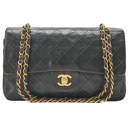 CHANEL Lambskin Matelasse 25cm Double Flap Chain Shoulder Black Gold-Tone Hardware, Pre-Owned