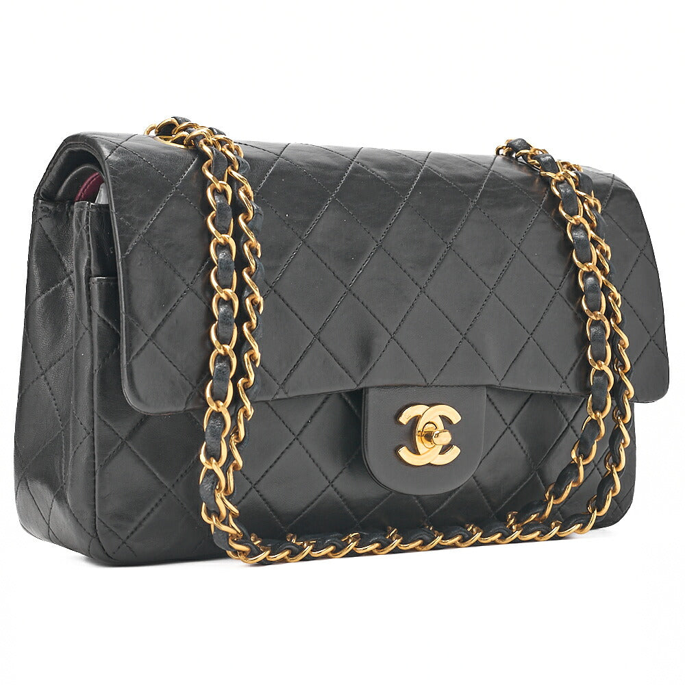 CHANEL Lambskin Matelasse 25cm Double Flap Chain Shoulder Black Gold-Tone Hardware, Pre-Owned