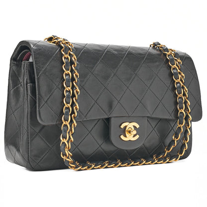 CHANEL Lambskin Matelasse 25cm Double Flap Chain Shoulder Black Gold-Tone Hardware, Pre-Owned