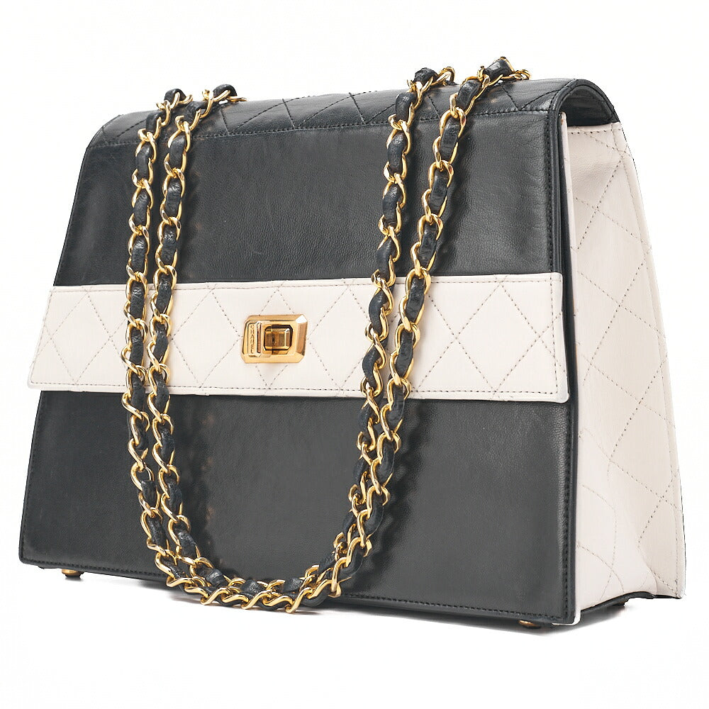 CHANEL Chanel Matelasse Trapezoidal 2.55 Turn Lock Single Flap Chain Shoulder Lambskin Black x White Gold-Tone Hardware, Pre-Owned