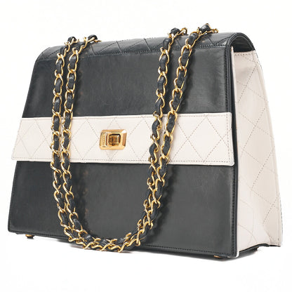 CHANEL Chanel Matelasse Trapezoidal 2.55 Turn Lock Single Flap Chain Shoulder Lambskin Black x White Gold-Tone Hardware, Pre-Owned