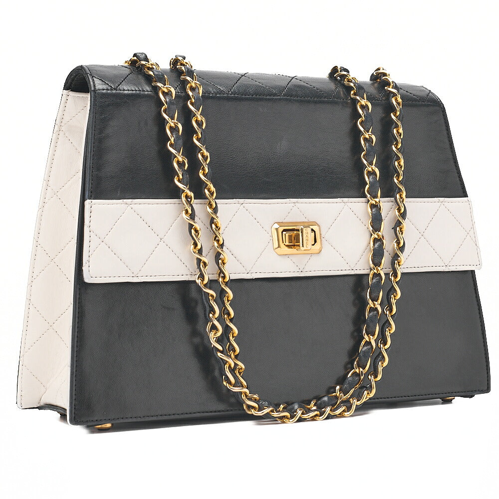 CHANEL Chanel Matelasse Trapezoidal 2.55 Turn Lock Single Flap Chain Shoulder Lambskin Black x White Gold-Tone Hardware, Pre-Owned