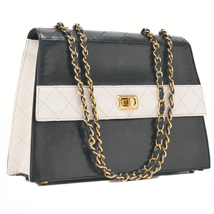 CHANEL Chanel Matelasse Trapezoidal 2.55 Turn Lock Single Flap Chain Shoulder Lambskin Black x White Gold-Tone Hardware, Pre-Owned