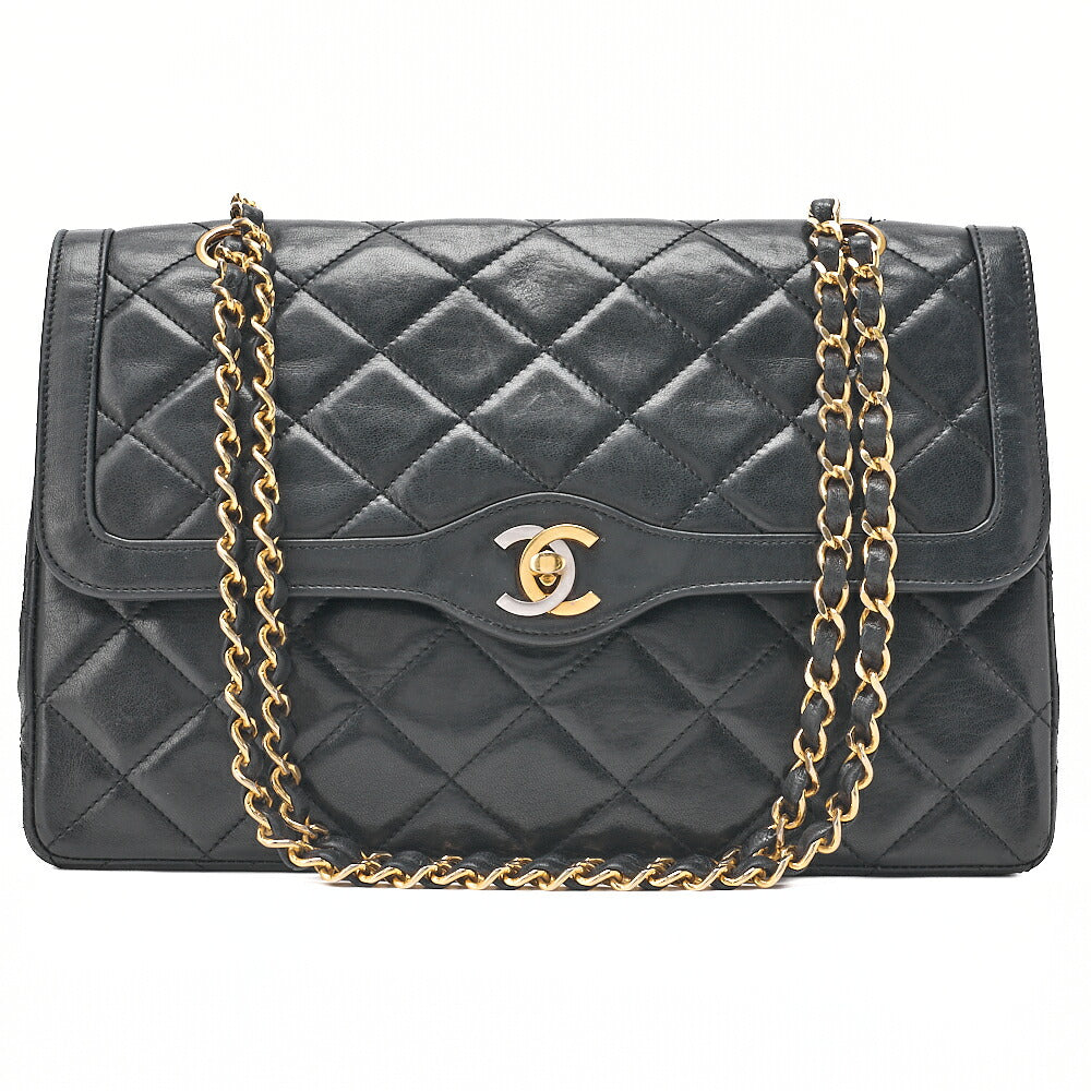 CHANEL Lambskin Matelasse Paris Limited Double Flap Chain Shoulder Bag Black Gold x Silver -Tone Hardware, Pre-Owned