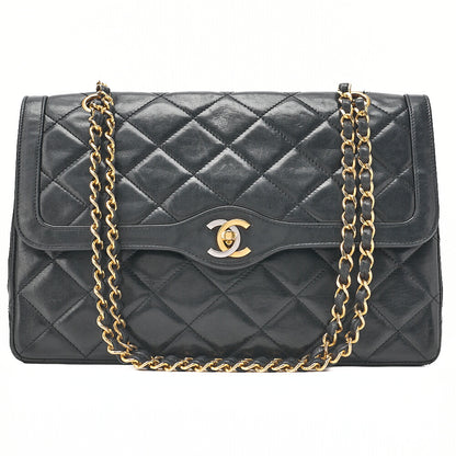 CHANEL Lambskin Matelasse Paris Limited Double Flap Chain Shoulder Bag Black Gold x Silver -Tone Hardware, Pre-Owned