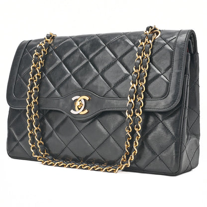 CHANEL Lambskin Matelasse Paris Limited Double Flap Chain Shoulder Bag Black Gold x Silver -Tone Hardware, Pre-Owned