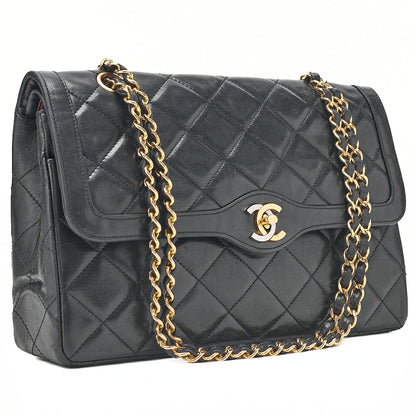 CHANEL Lambskin Matelasse Paris Limited Double Flap Chain Shoulder Bag Black Gold x Silver -Tone Hardware, Pre-Owned
