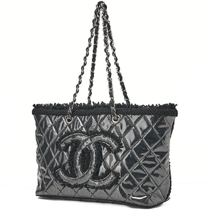 CHANEL Tweed x Leather x Vinyl Matelasse Chain Tote Bag Black Silver-Tone Hardware, Pre-Owned
