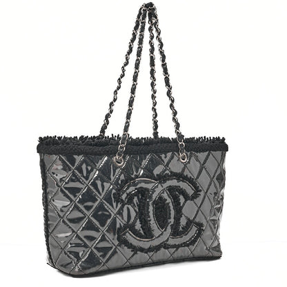 CHANEL Tweed x Leather x Vinyl Matelasse Chain Tote Bag Black Silver-Tone Hardware, Pre-Owned