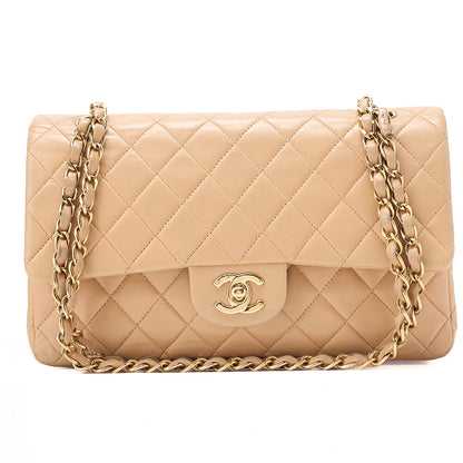 CHANEL Lambskin Matelasse Double Flap 25cm Chain Shoulder Beige Gold-Tone Hardware, Pre-Owned