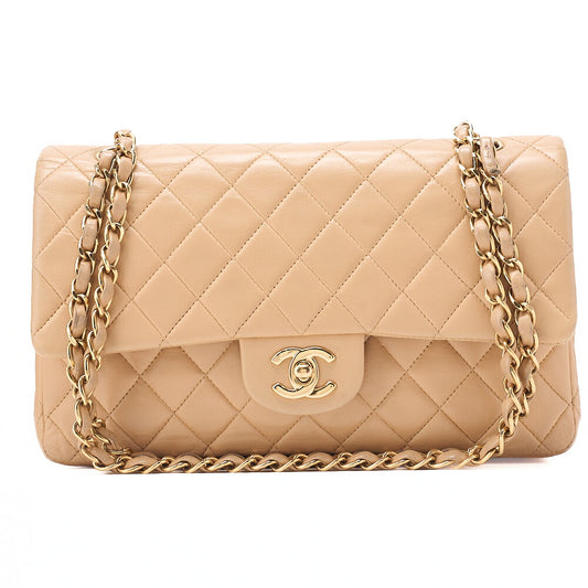 CHANEL Lambskin Matelasse Double Flap 25cm Chain Shoulder Beige Gold-Tone Hardware, Pre-Owned
