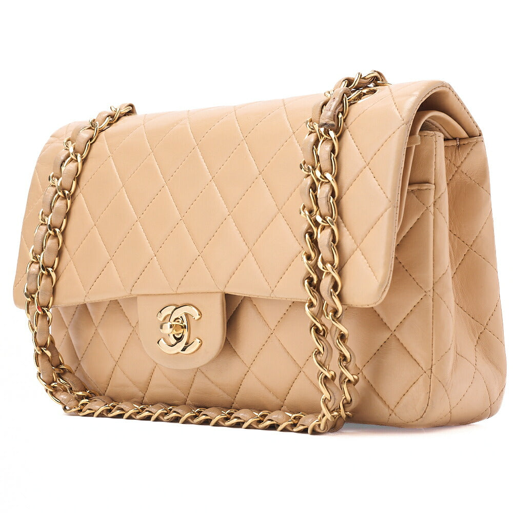 CHANEL Lambskin Matelasse Double Flap 25cm Chain Shoulder Beige Gold-Tone Hardware, Pre-Owned