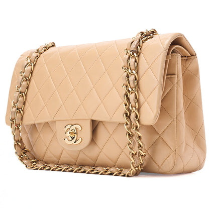 CHANEL Lambskin Matelasse Double Flap 25cm Chain Shoulder Beige Gold-Tone Hardware, Pre-Owned