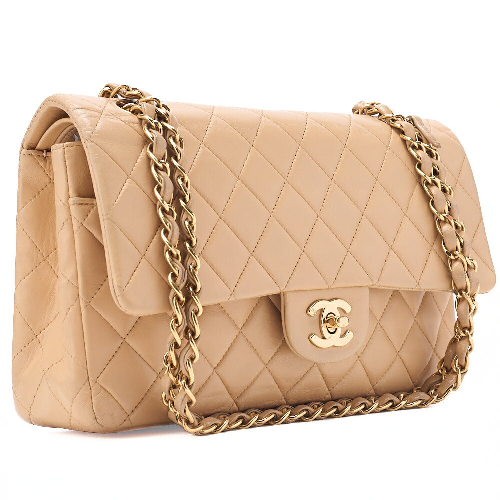 CHANEL Lambskin Matelasse Double Flap 25cm Chain Shoulder Beige Gold-Tone Hardware, Pre-Owned