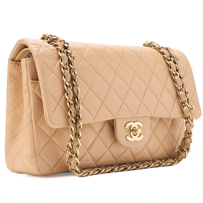 CHANEL Lambskin Matelasse Double Flap 25cm Chain Shoulder Beige Gold-Tone Hardware, Pre-Owned