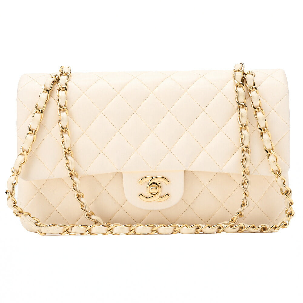 CHANEL Lambskin Matelasse Double Flap 25cm Chain Shoulder White Gold-Tone Hardware, Pre-Owned