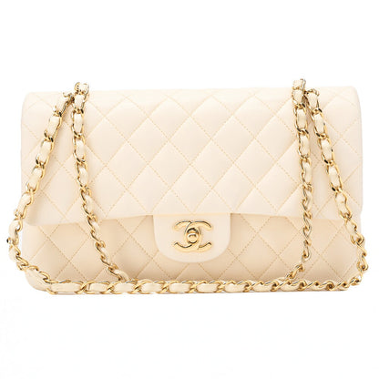 CHANEL Lambskin Matelasse Double Flap 25cm Chain Shoulder White Gold-Tone Hardware, Pre-Owned