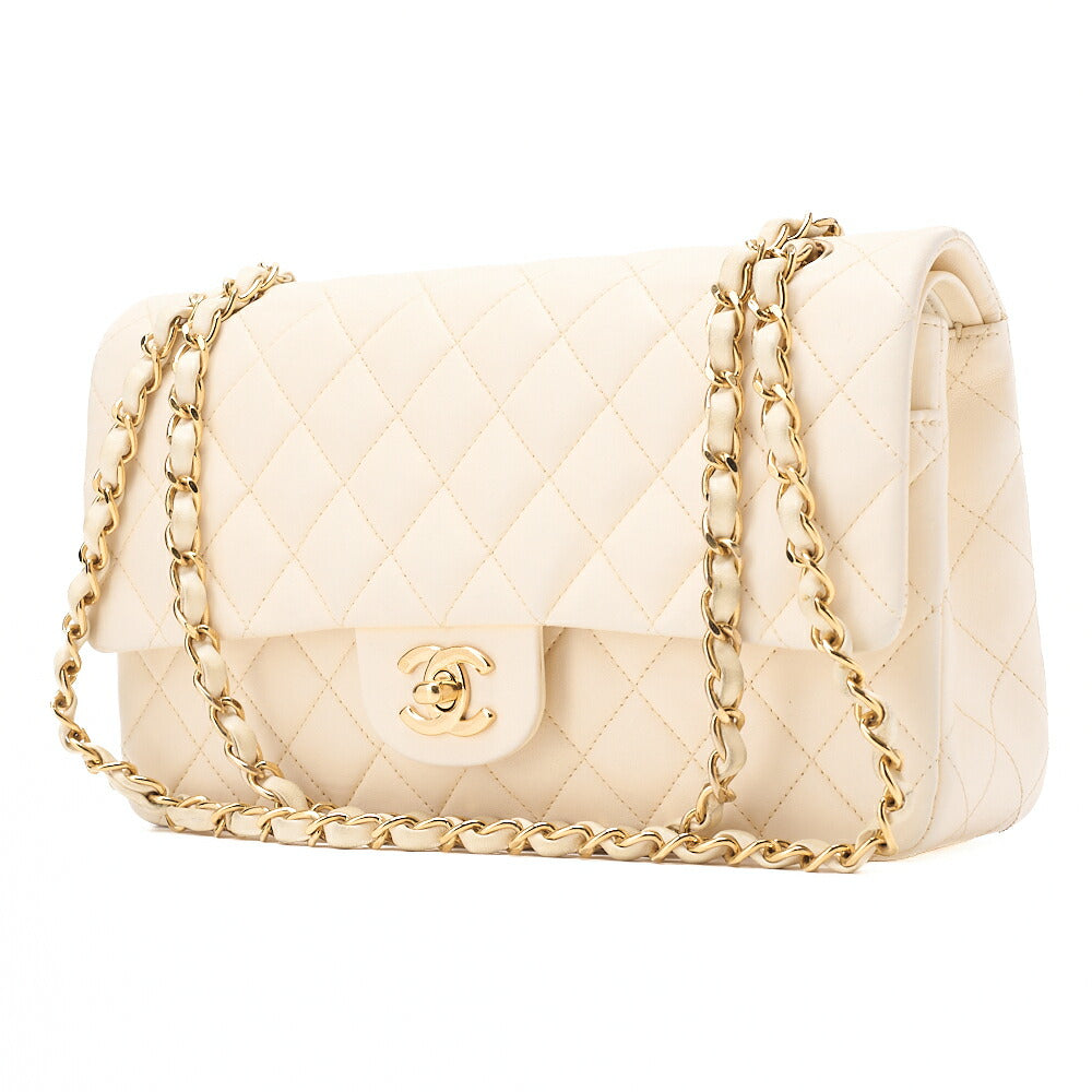 CHANEL Lambskin Matelasse Double Flap 25cm Chain Shoulder White Gold-Tone Hardware, Pre-Owned