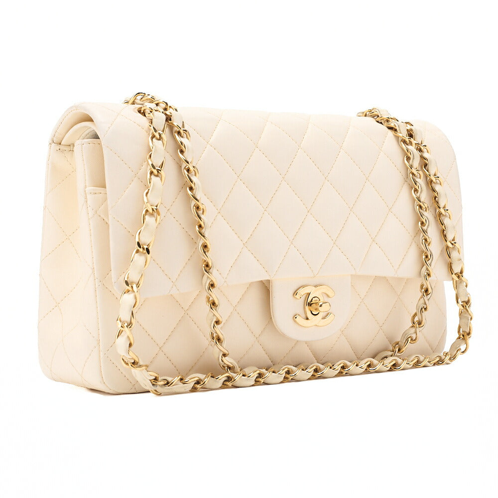 CHANEL Lambskin Matelasse Double Flap 25cm Chain Shoulder White Gold-Tone Hardware, Pre-Owned