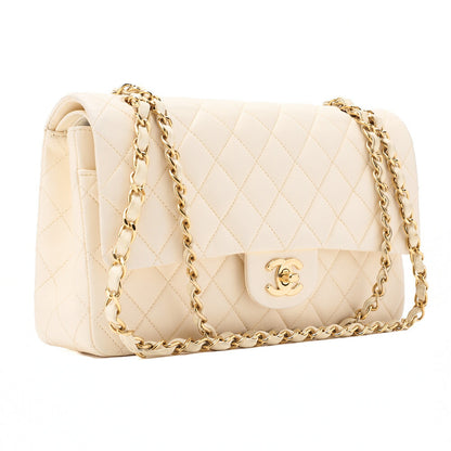 CHANEL Lambskin Matelasse Double Flap 25cm Chain Shoulder White Gold-Tone Hardware, Pre-Owned