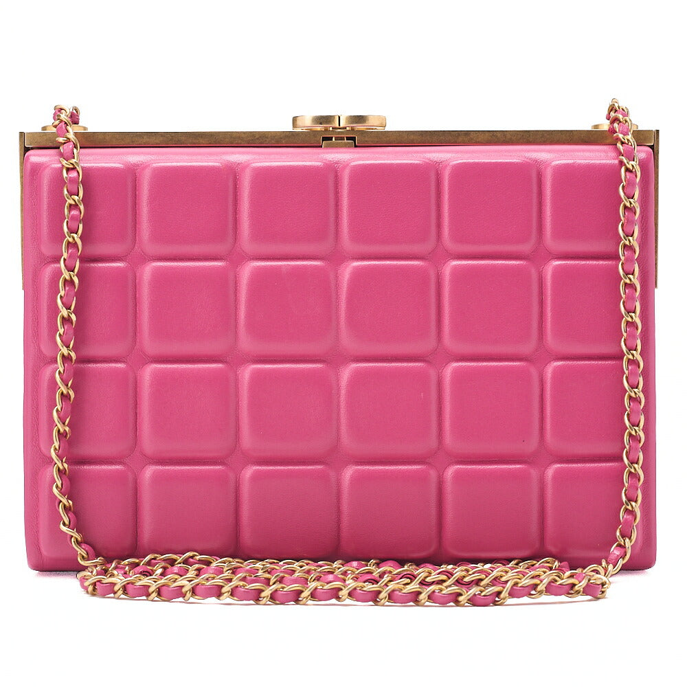 CHANEL Lambskin Choco Bar Kiss Clasp Chain Shoulder Pink Gold-Tone Hardware, Pre-Owned