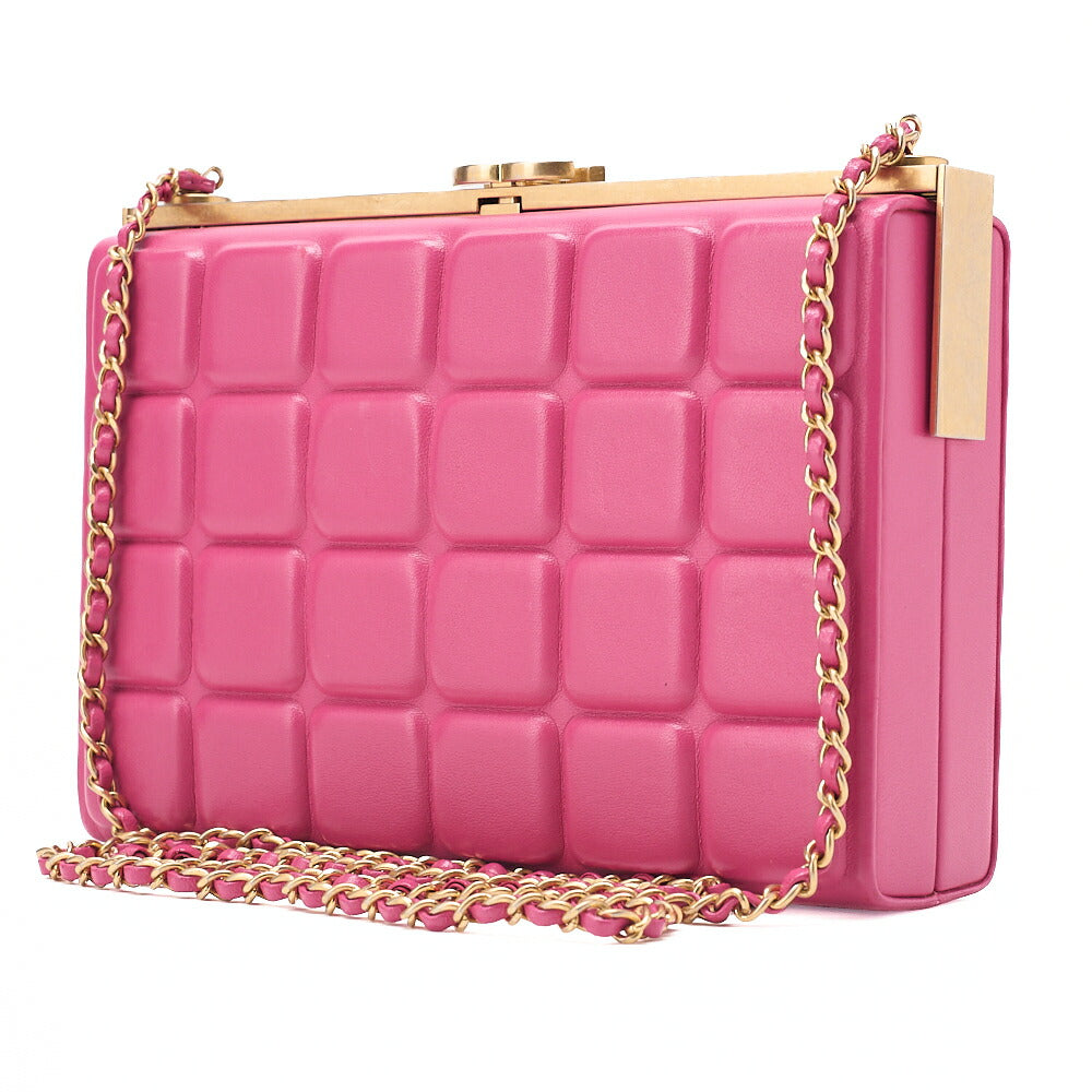 CHANEL Lambskin Choco Bar Kiss Clasp Chain Shoulder Pink Gold-Tone Hardware, Pre-Owned