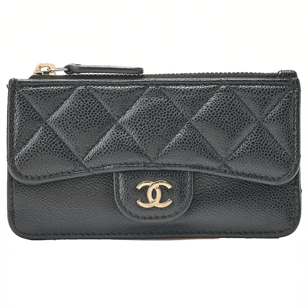 CHANEL Matelasse Caviar Skin Card Case Black Gold-Tone Hardware, Pre-Owned