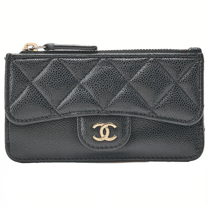 CHANEL Matelasse Caviar Skin Card Case Black Gold-Tone Hardware, Pre-Owned