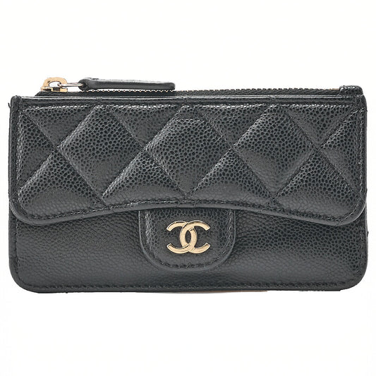 CHANEL Matelasse Caviar Skin Card Case Black Gold-Tone Hardware, Pre-Owned