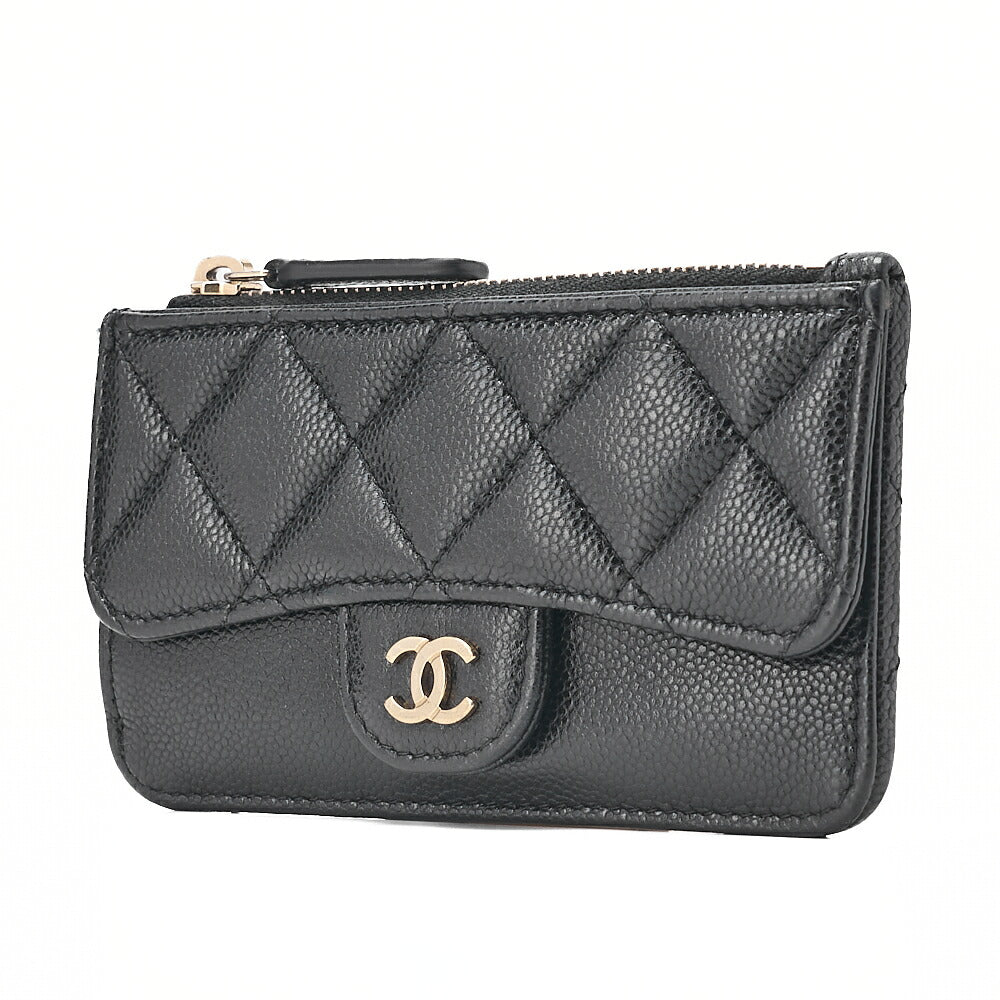 CHANEL Matelasse Caviar Skin Card Case Black Gold-Tone Hardware, Pre-Owned