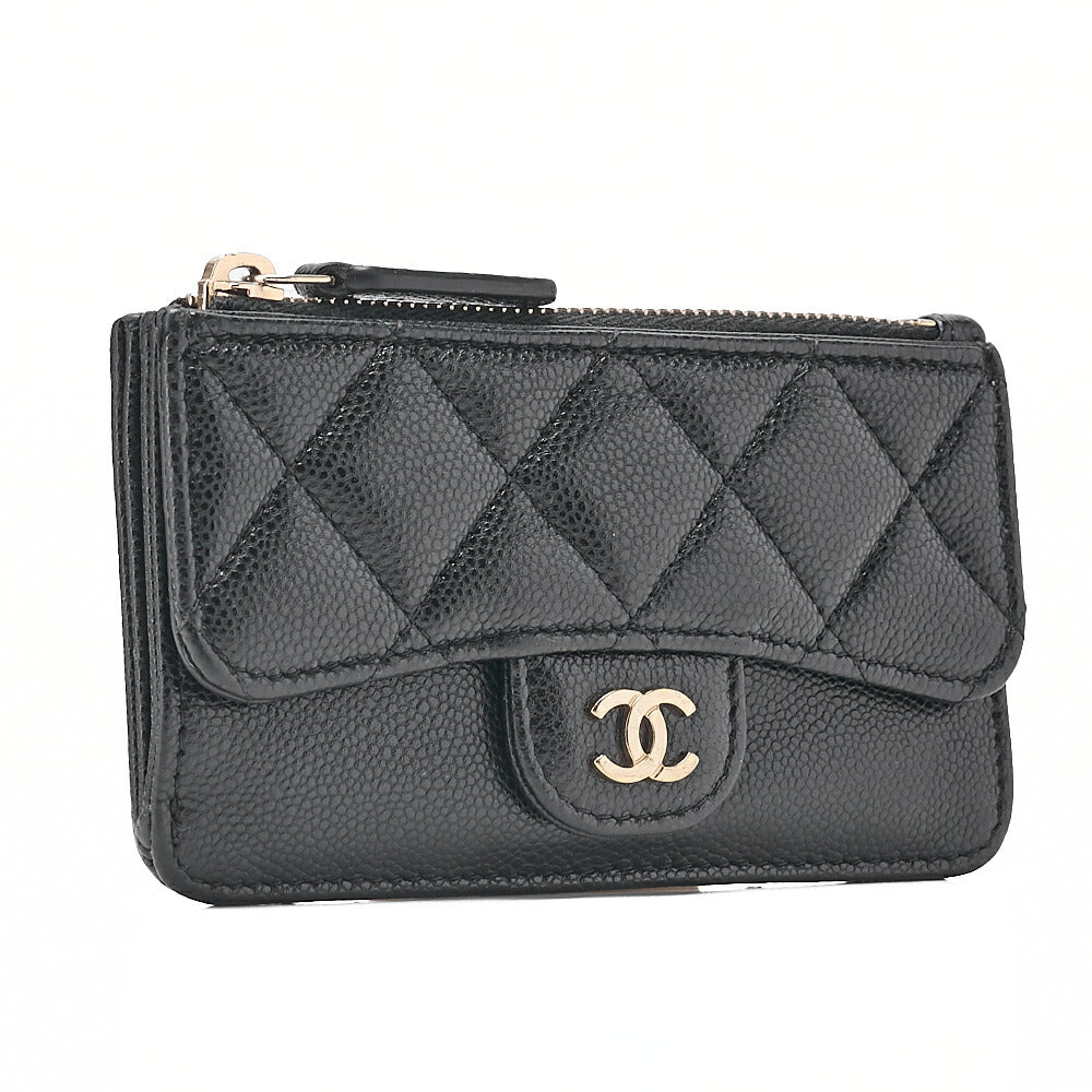 CHANEL Matelasse Caviar Skin Card Case Black Gold-Tone Hardware, Pre-Owned