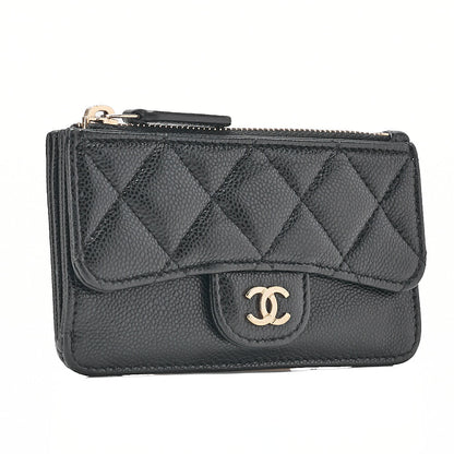 CHANEL Matelasse Caviar Skin Card Case Black Gold-Tone Hardware, Pre-Owned