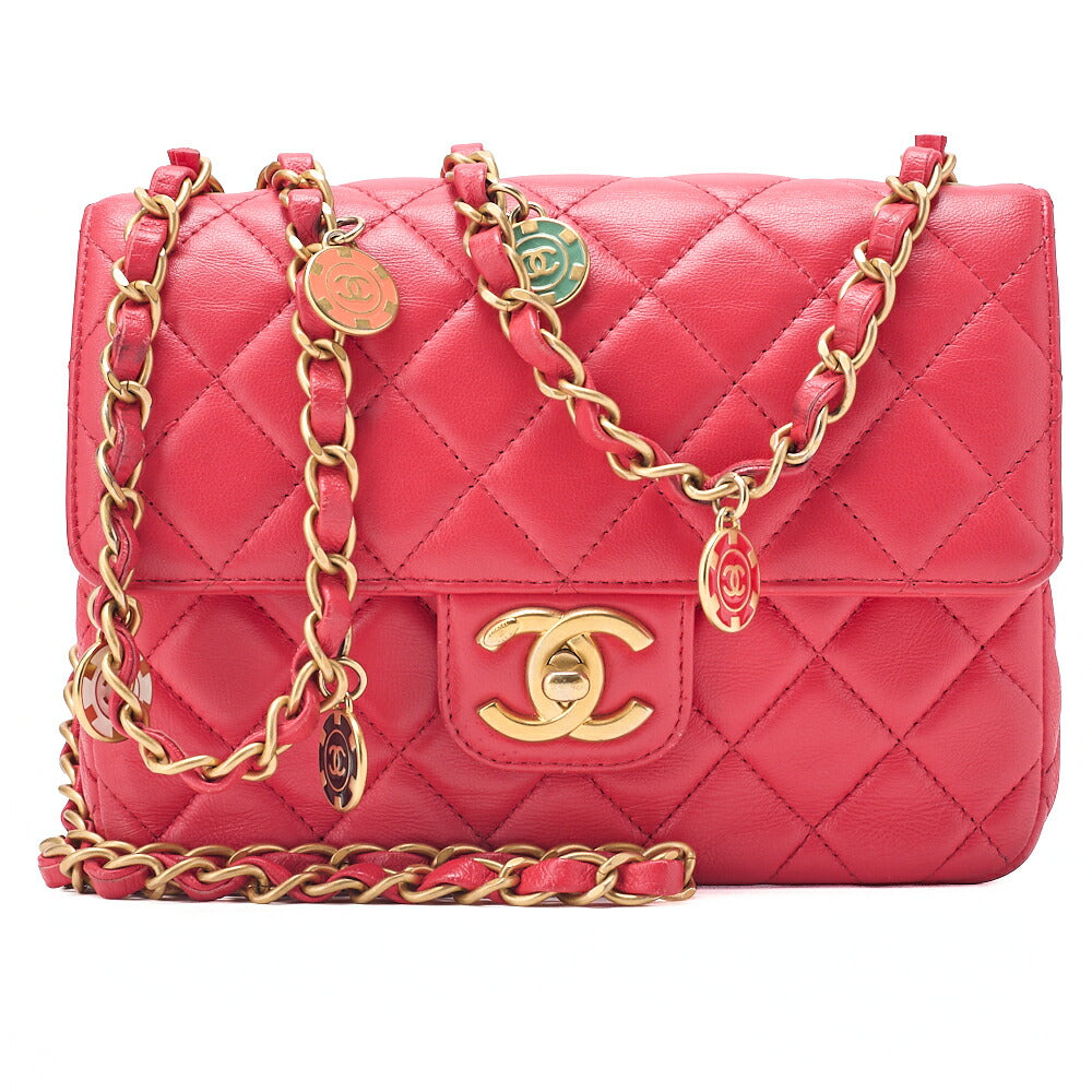 CHANEL Lambskin Minimat Matelasse Coco Mark Pendant Included Chain Shoulder Red Gold-Tone Hardware, Pre-Owned