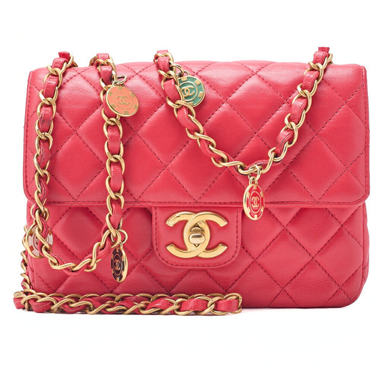 CHANEL Lambskin Minimat Matelasse Coco Mark Pendant Included Chain Shoulder Red Gold-Tone Hardware, Pre-Owned
