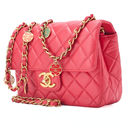 CHANEL Lambskin Minimat Matelasse Coco Mark Pendant Included Chain Shoulder Red Gold-Tone Hardware, Pre-Owned