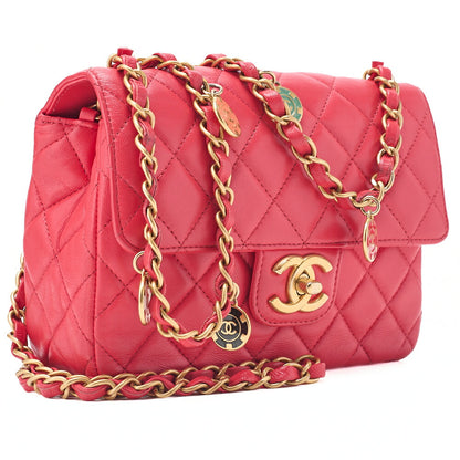 CHANEL Lambskin Minimat Matelasse Coco Mark Pendant Included Chain Shoulder Red Gold-Tone Hardware, Pre-Owned