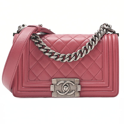 CHANEL Lambskin Matelasse Boy Chanel 20 Chain Shoulder Red Silver-Tone Hardware, Pre-Owned