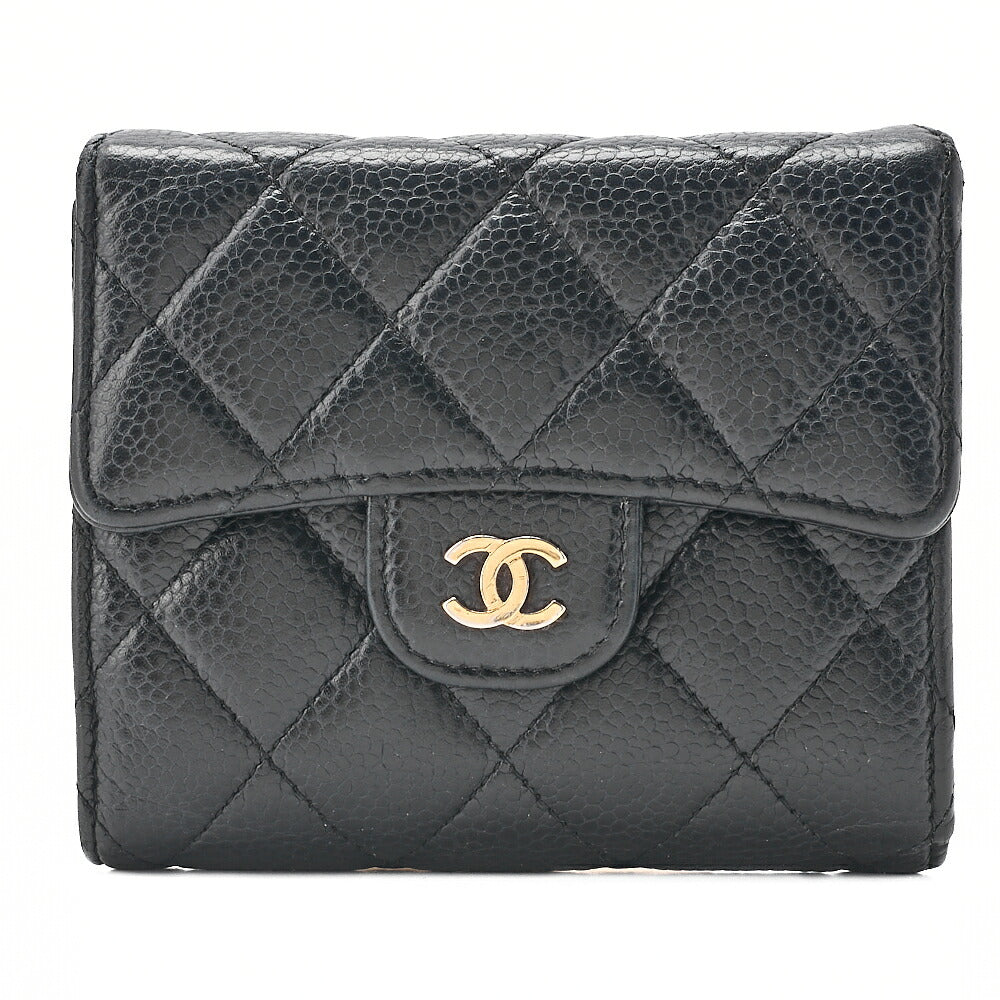 CHANEL Chanel Matelasse Tri-Fold Long Wallet Caviar Skin Black Gold-Tone Hardware, Pre-Owned