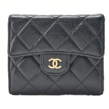 CHANEL Chanel Matelasse Tri-Fold Long Wallet Caviar Skin Black Gold-Tone Hardware, Pre-Owned