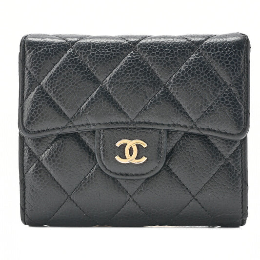 CHANEL Chanel Matelasse Tri-Fold Long Wallet Caviar Skin Black Gold-Tone Hardware, Pre-Owned